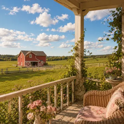 Sunny farm view from the porch with a red barn, green fields, flowers, and blue cloudy sky.