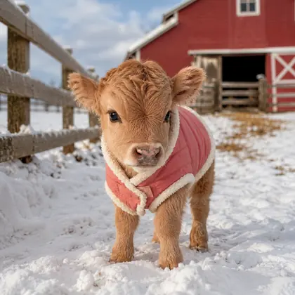 Tiny baby calf wearing a pink winter jacket standing in snow near a red barn.
