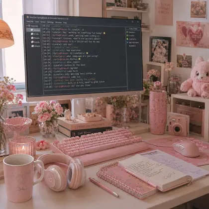 Organized pink desk with a computer showing an IRC chat client, notebooks, headphones, and coding setup.