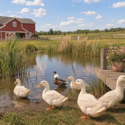 White ducks and mallards gathered at a peaceful farm pond with reeds, dock, and red barn in the distance.