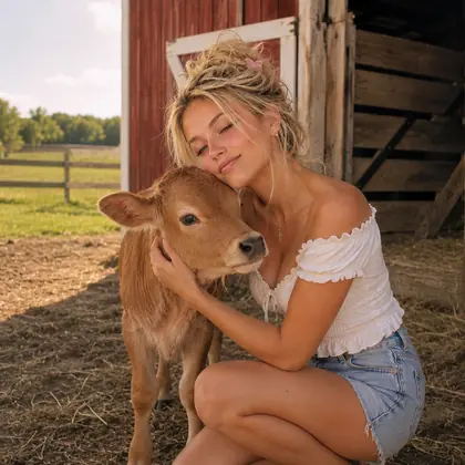 Warm candid photo of a blonde young woman cuddling a small calf by a rustic red barn.