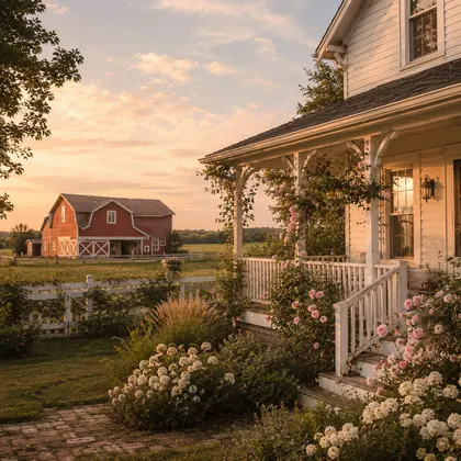 Elegant farmhouse and blooming garden at golden hour with a red barn in the background.
