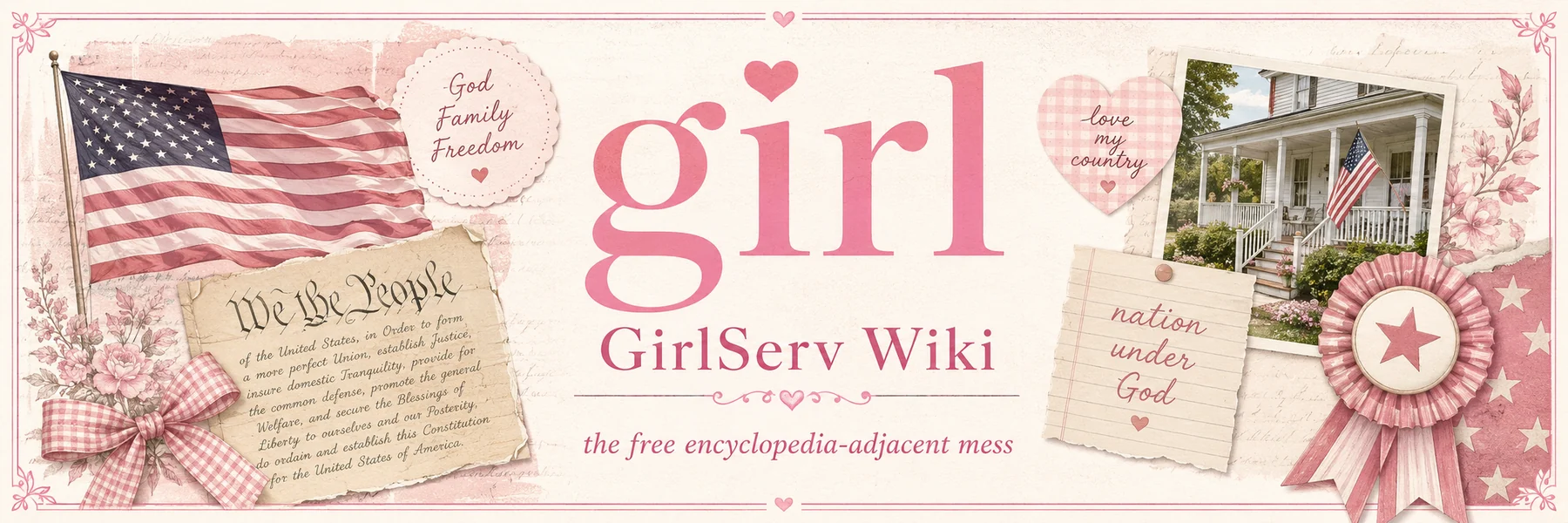 pink patriotic girl wiki banner with flag, constitution notes, country porch, and Americana details