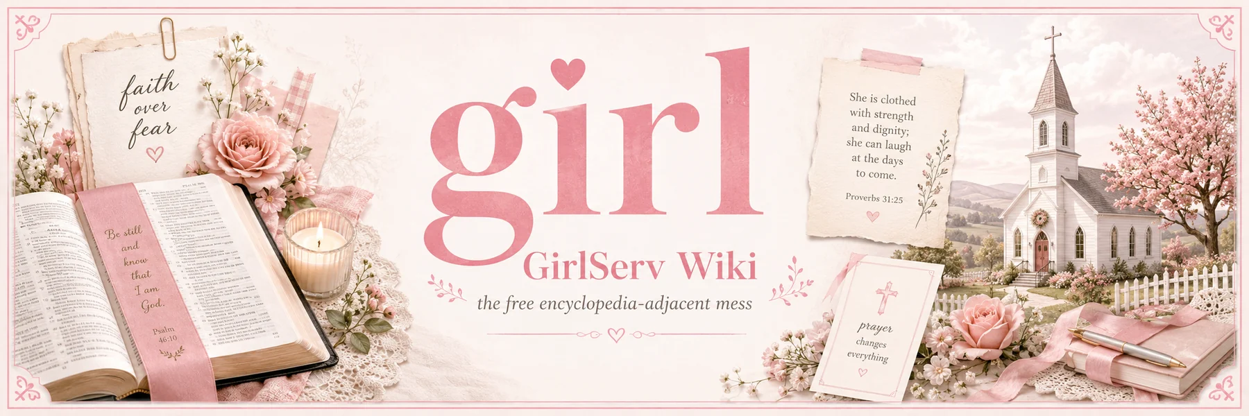 pink Christian girl wiki banner with Bible, church, prayer cards, flowers, and candle