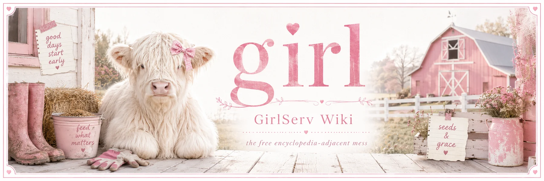 pink farm girl wiki banner with Dumpling, barn, boots, feed, and country porch details