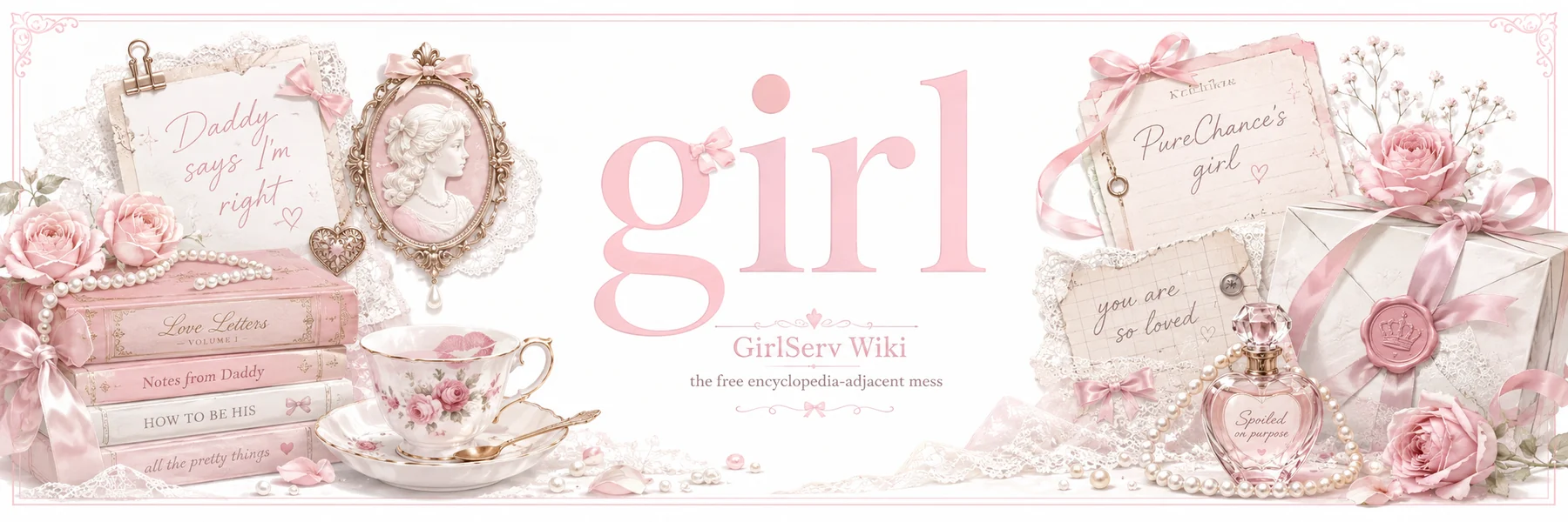 pink girly girl wiki banner with ribbons, letters, lace, and PureChance notes