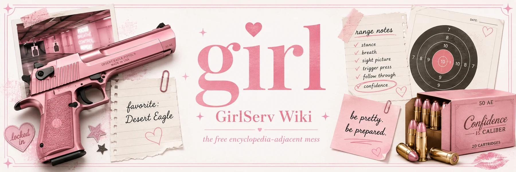 pink range-themed girl wiki banner with Desert Eagle, target notes, and confidence details